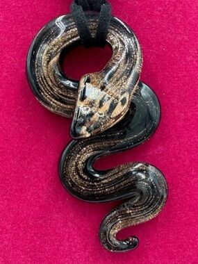 Italian Murano Glass Black & Gold Snake Pendant Necklace - 16” Choker